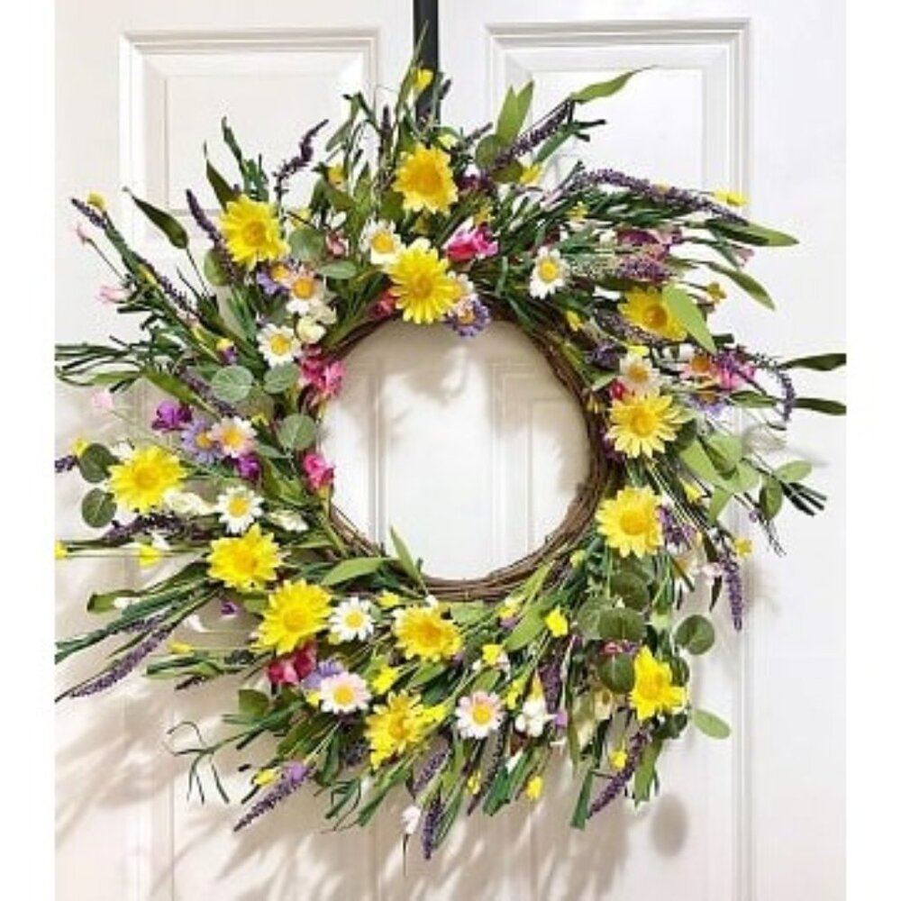 New Daisy and Lavender Wreath 24’’ Wildflower Wreath Spring and Summer Wreath